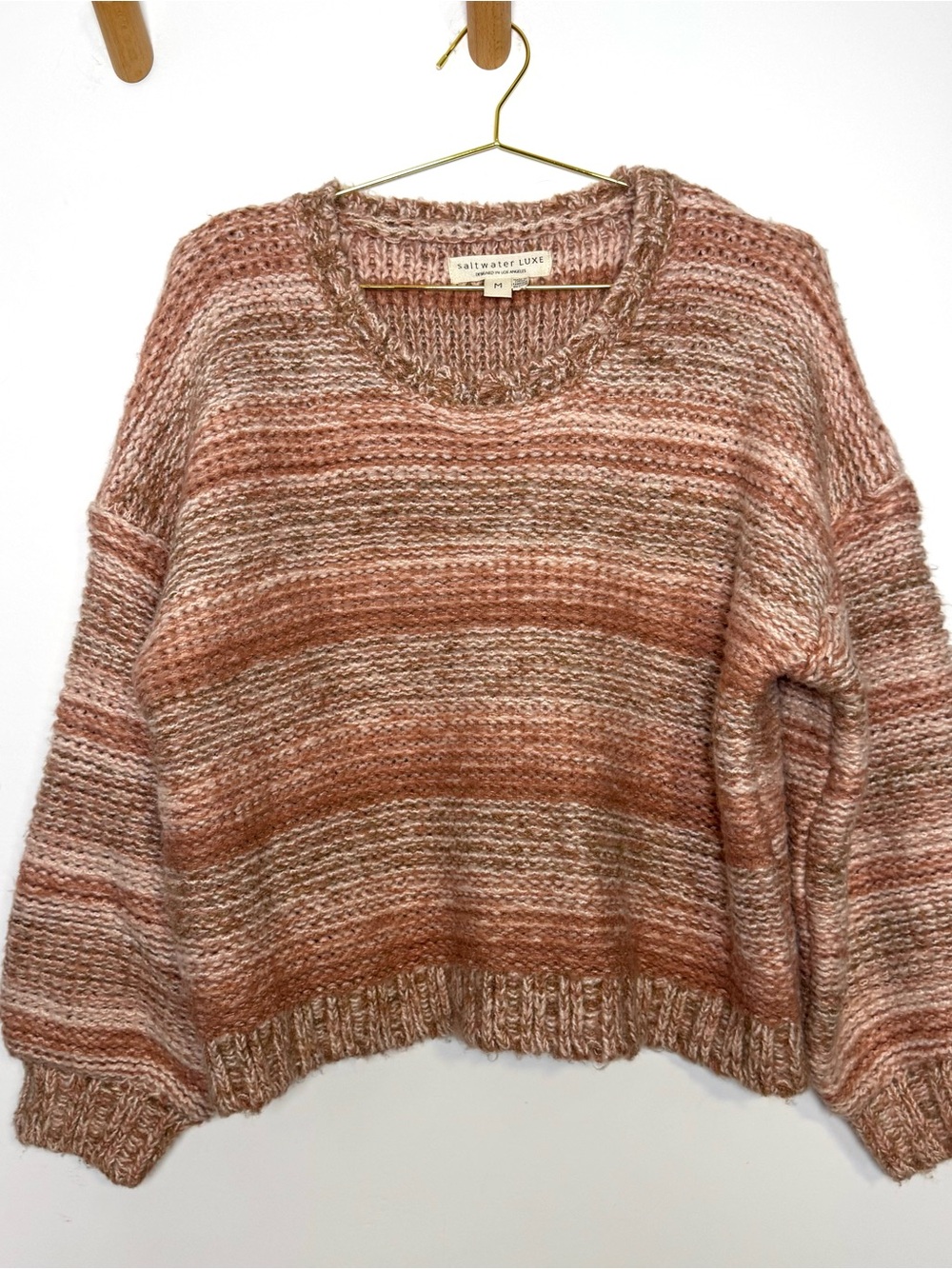 Saltwater Luxe Chunky Knit Boho Sweater Pink Beige Stripe Balloon Sleeve Medium - Picture 2 of 9